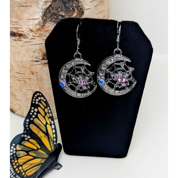 Goth Punk Biker Spider Moon Crystal Dangle Earrings - Picture 2 of 3